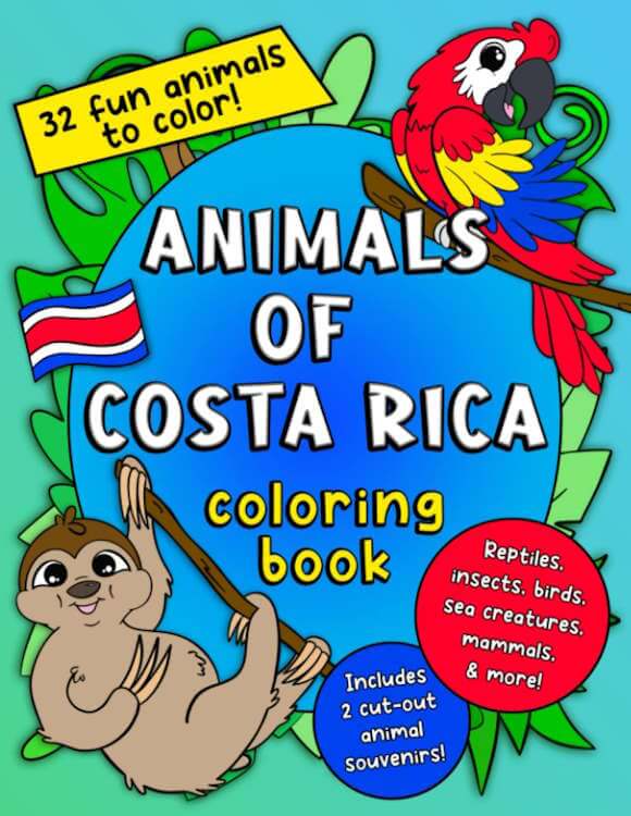 red bird and sloth with text overlay that reads animals of costa rica coloring book