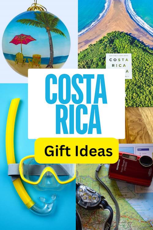 collage of snorkel mask, ornament, book, and camera with text overlay that reads Costa Rica Gifts