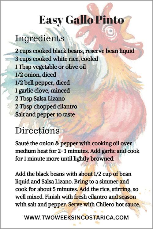 recipe card with rooster in background and text overlay that reads easy gallo pinto