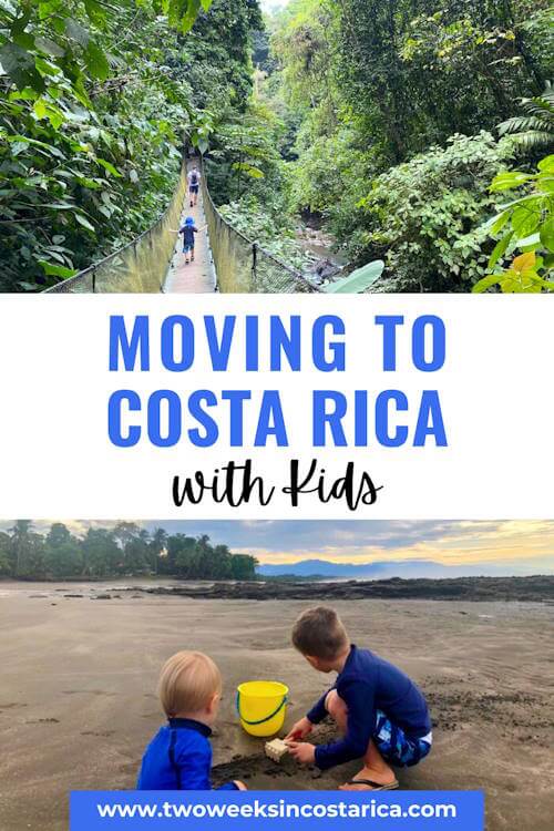 kids playing on sand and  hanging bridge with text overlay that reads moving to costa rica with kids