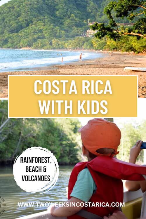 kid on boat and beach with text overlay that reads costa rica with kids