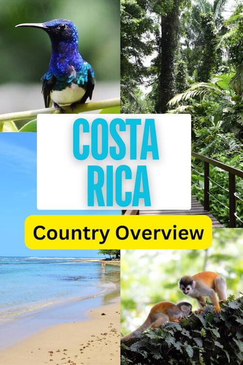 hummingbird monkey and beach with text overlay that reads costa rica country overview