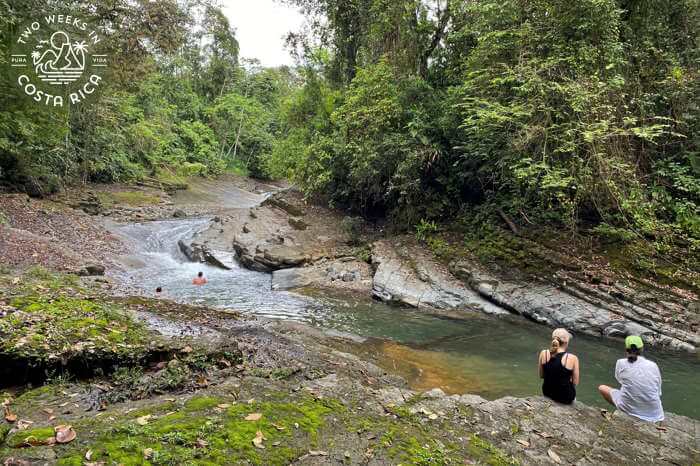 A river with smooth rocky banks cutting through the jungle