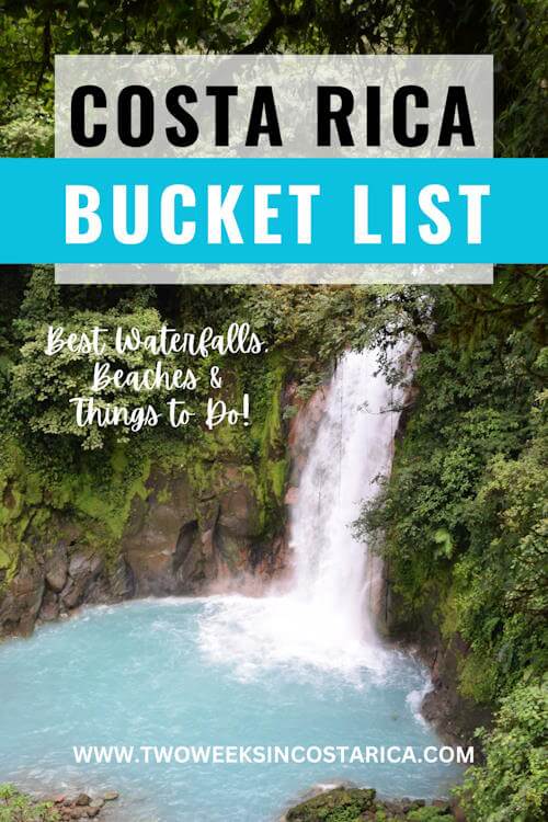 blue waterfall with text overlay that reads costa rica bucket list