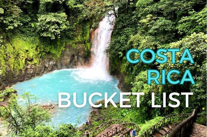 blue waterfall surrounded by green rainforest with text overlay that reads costa rica bucket list